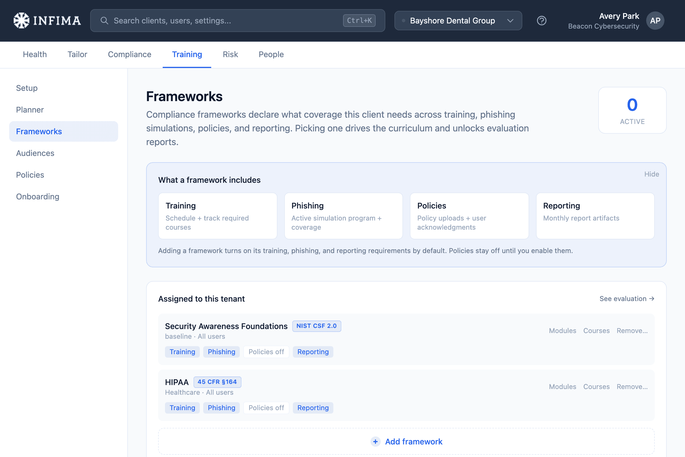 INFIMA framework library with a framework being assigned to a client