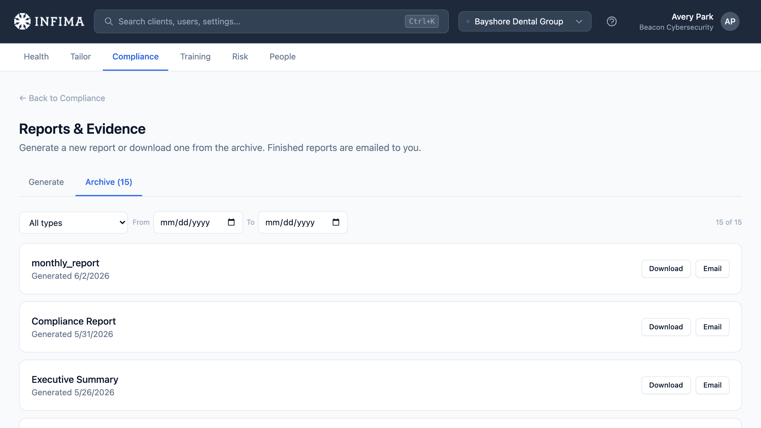 INFIMA audit-ready evidence report for a client, mapping activity to framework controls