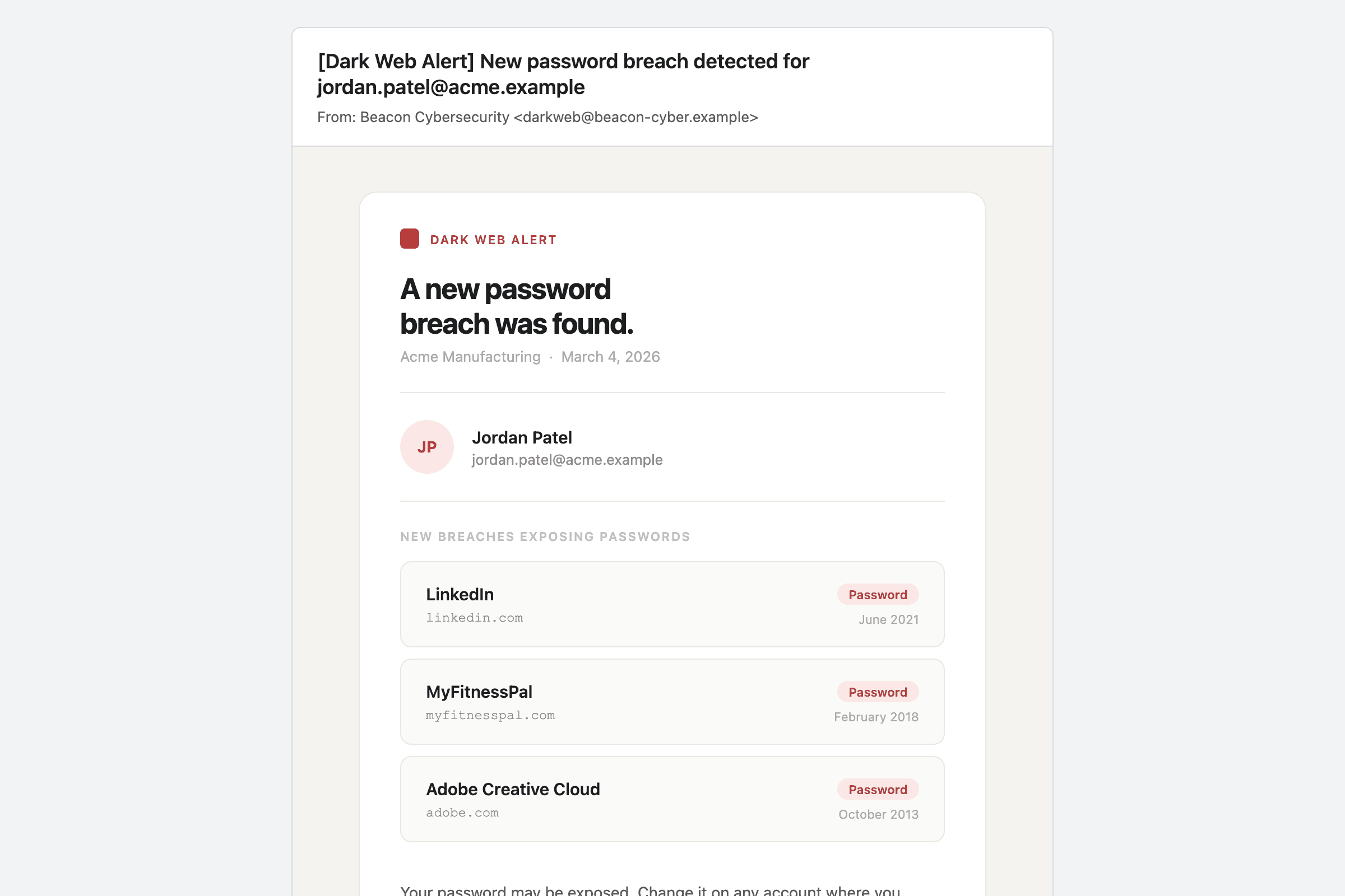 INFIMA breach-alert detail for a single user, showing what was exposed and the guidance sent