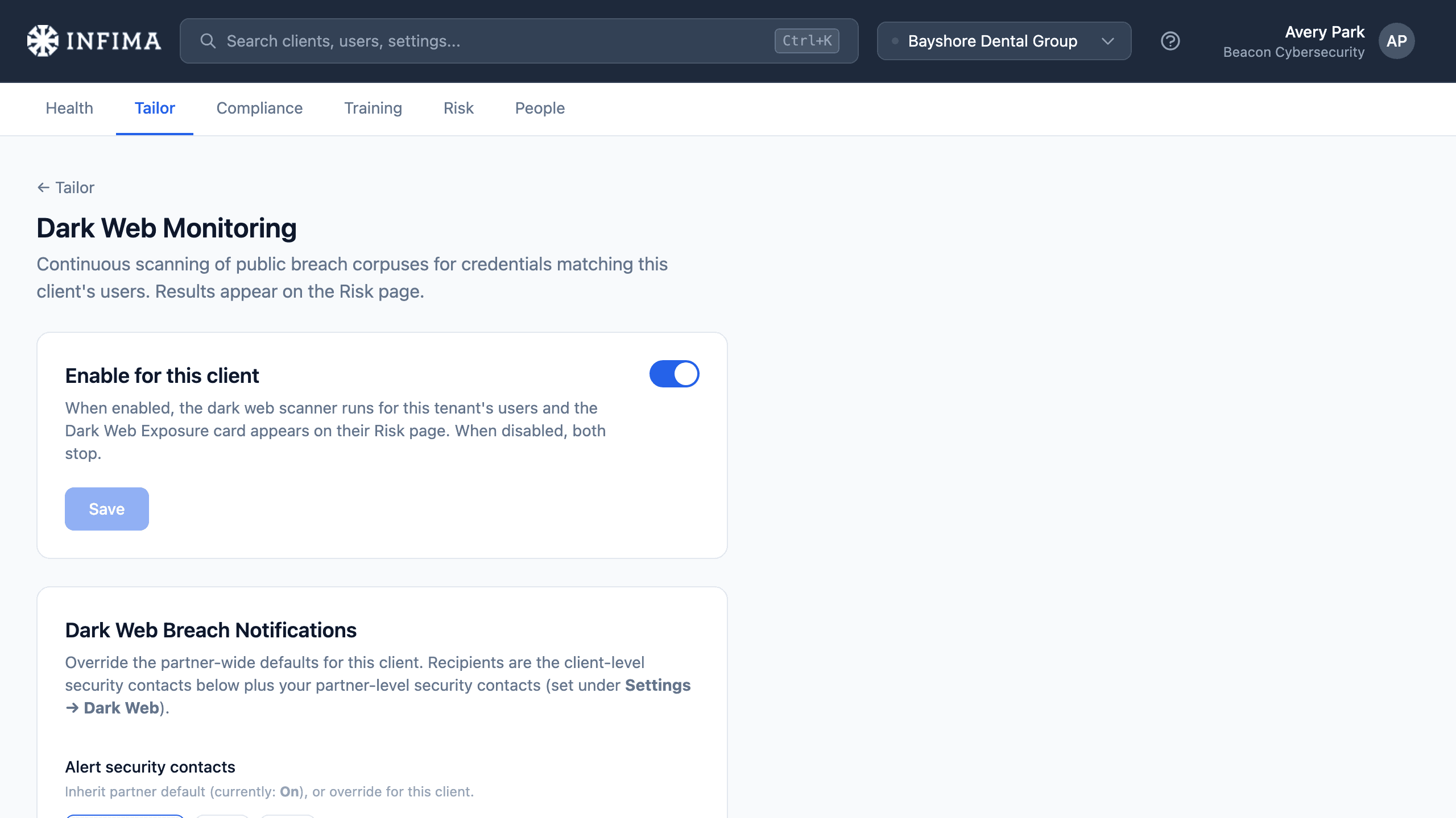 INFIMA admin view for enabling dark web monitoring for a client