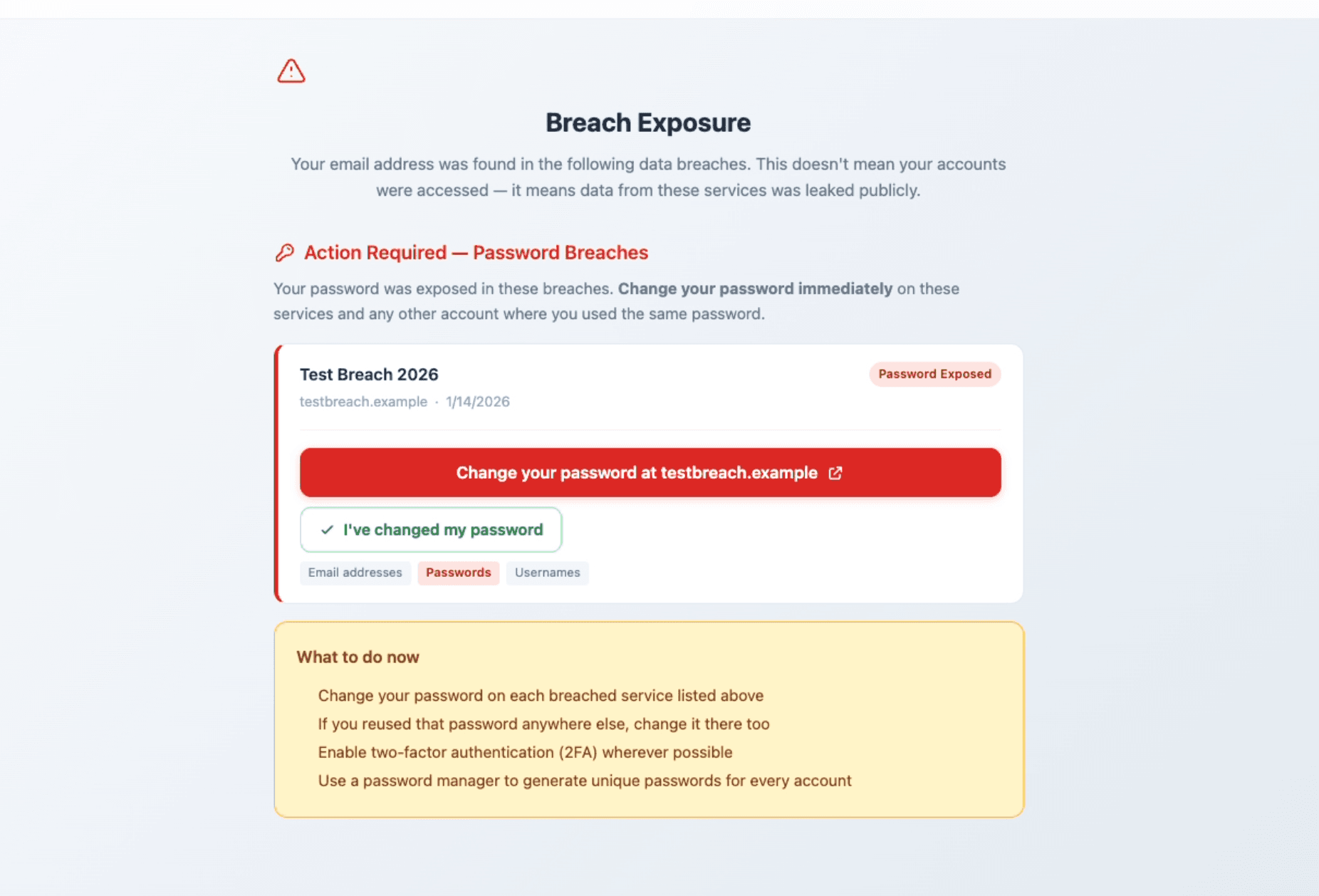 The email a user receives when their credentials appear in a breach, with guidance and an acknowledgement button
